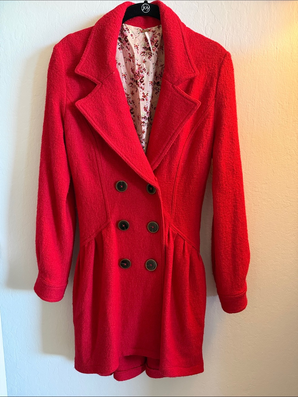 Free People Red Double-Breasted Pea Coat with Floral Lining